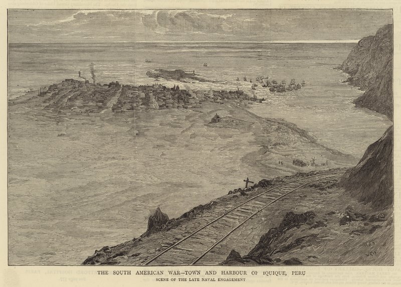 Den sydamerikanske krig, by og havn i Iquique, Peru af William Lionel Wyllie