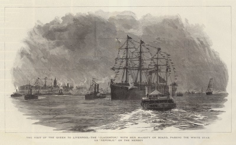 Dronningens besøg i Liverpool, Claughton, med Hendes Majestæt ombord, forbi White Star SS Republic på Mersey af William Lionel Wyllie