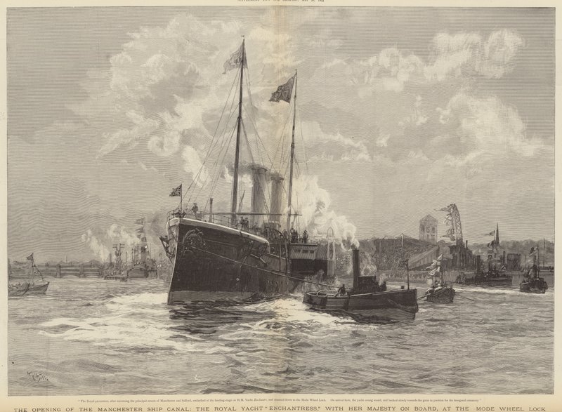 Åbningen af Manchester Ship Canal, Royal Yacht Enchantress med Hendes Majestæt ombord, ved Mode Wheel Lock af William Lionel Wyllie