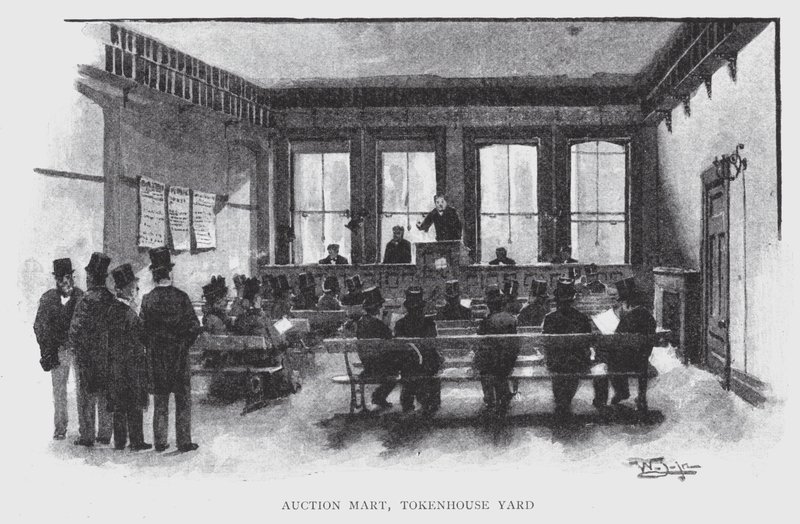 Auction Mart, Tokenhouse Yard (litho) af William Luker