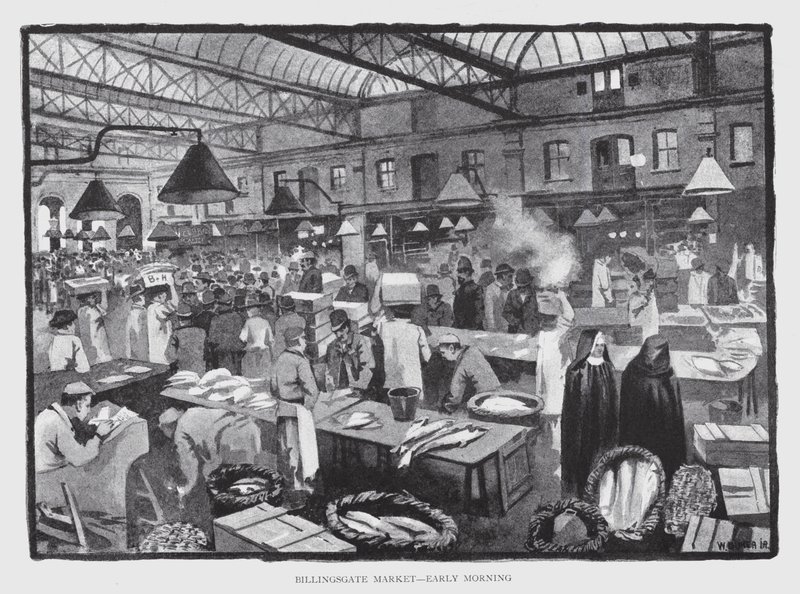 Billingsgate Market, tidlig morgen (litho) af William Luker