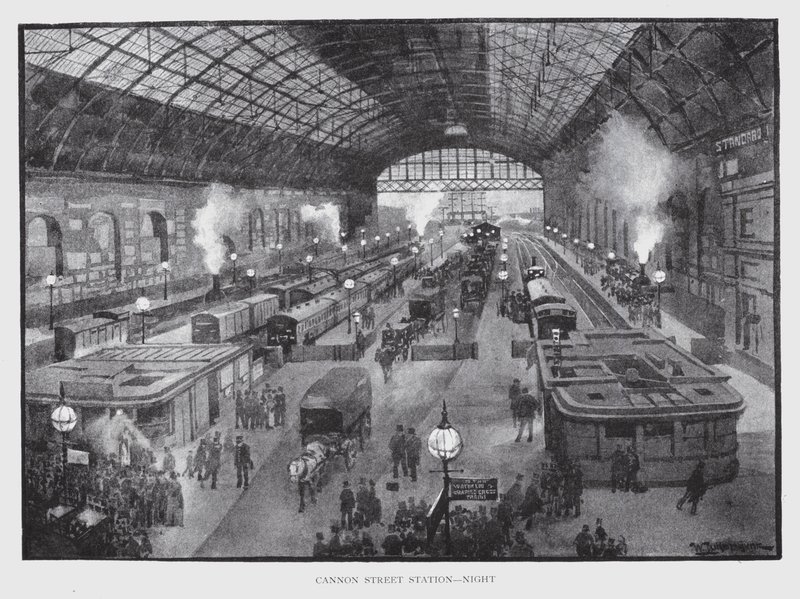 Cannon Street Station, nat (litho) af William Luker