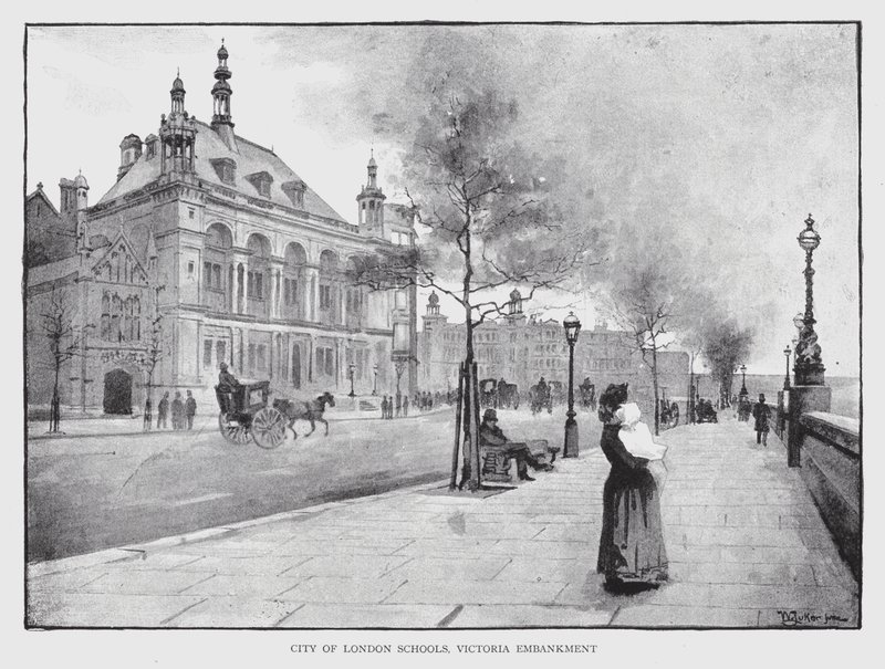 City of London Schools, Victoria Embankment (litho) af William Luker
