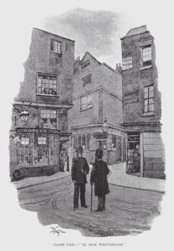 Cloth Fair, "Ye Dick Whittington" (litho) af William Luker