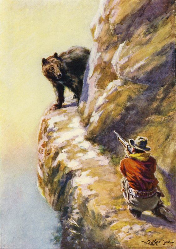 Konfrontation mellem en mand og en bjørn på en smal bjergafsats (farve litho) af William Luker