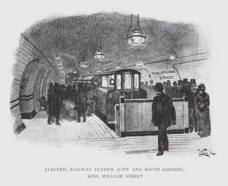 Electric Railway Station, City og South London, King William Street (litho) af William Luker