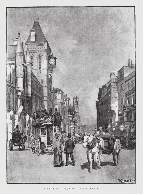 Fleet Street, der viser Law Courts (litho) af William Luker