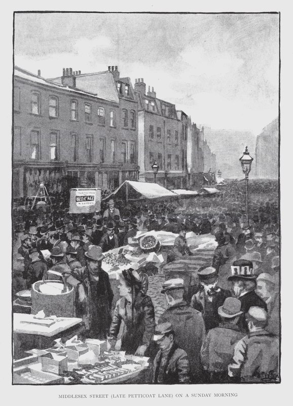Middlesex Street, sent Petticoat Lane, på en søndag morgen (litho) af William Luker