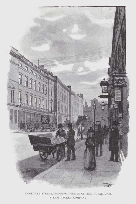 Moorgate Street, der viser kontorer for Royal Mail Steam Packet Company (litho) af William Luker