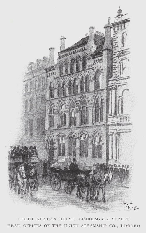 South African House, Bishopsgate Street, hovedkontorer for Union Steamship Co, Limited (litho) af William Luker
