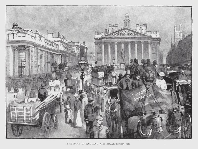 Bank of England og Royal Exchange (litho) af William Luker