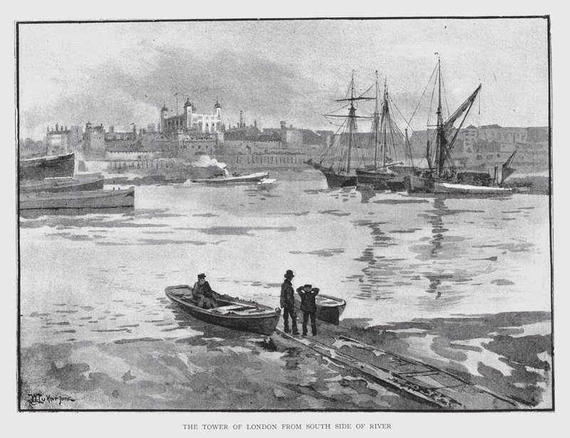 Tower of London fra South Side of River (litho) af William Luker