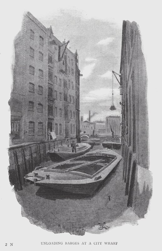 Lossning af pramme ved en bykaj (litho) af William Luker