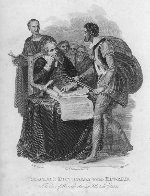 Barclays Dictionary, ord: Edward, The Earl Of Warren viser titler til sine godser (gravering) af William Marshall (after) Craig