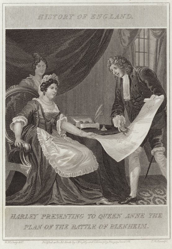 Harley præsenterer for dronning Anne planen for slaget ved Blenheim af William Marshall Craig