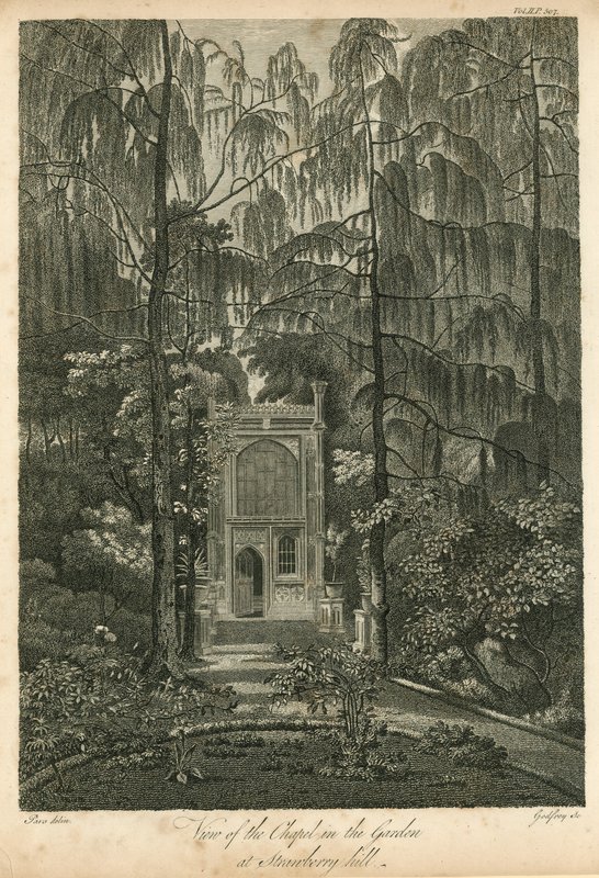 Udsigt over kapellet i haven ved Strawberry Hill, Twickenham, London af William Pars