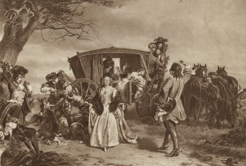 Familie holdt op af den franske landevejsmand Claude Duval (litho) af William Powell (after) Frith