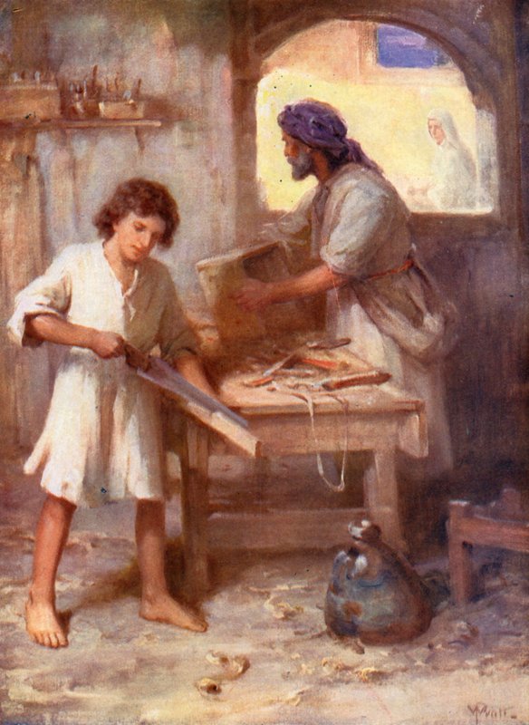 Jesus i tømrerværkstedet, Lukas 2, 51, 52 (farvelitografi) af William Pratt