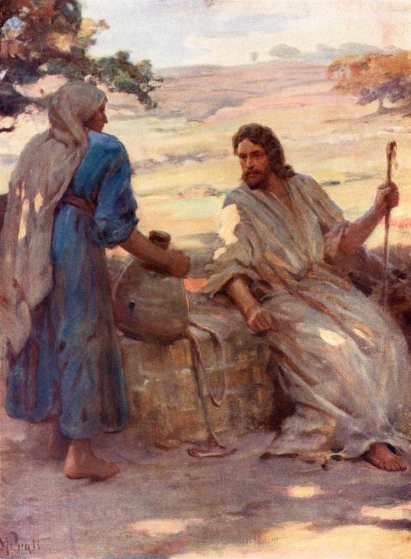 Kvinden ved Samarias brønd, Johannes 4, 6, 7 (farvelitografi) af William Pratt