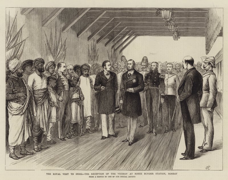 Det kongelige besøg i Indien, modtagelse af vicekongen på Boree Bunder Station, Bombay af William Ralston