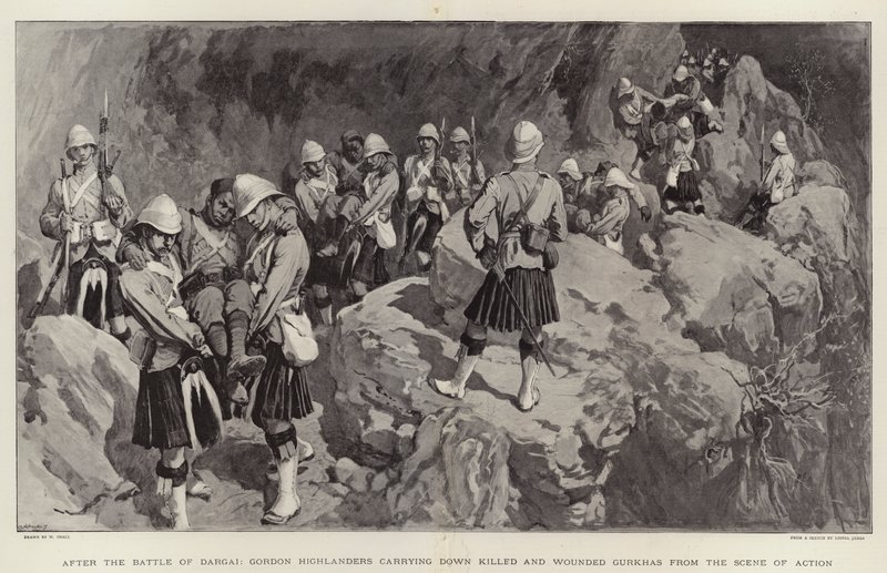 Efter slaget ved Dargai bar Gordon Highlanders dræbte og sårede gurkher ned fra handlingsscenen af William Small