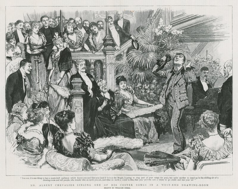 Albert Chevalier synger en af sine coster-sange i en tegnestue i West End (gravering) af William Small