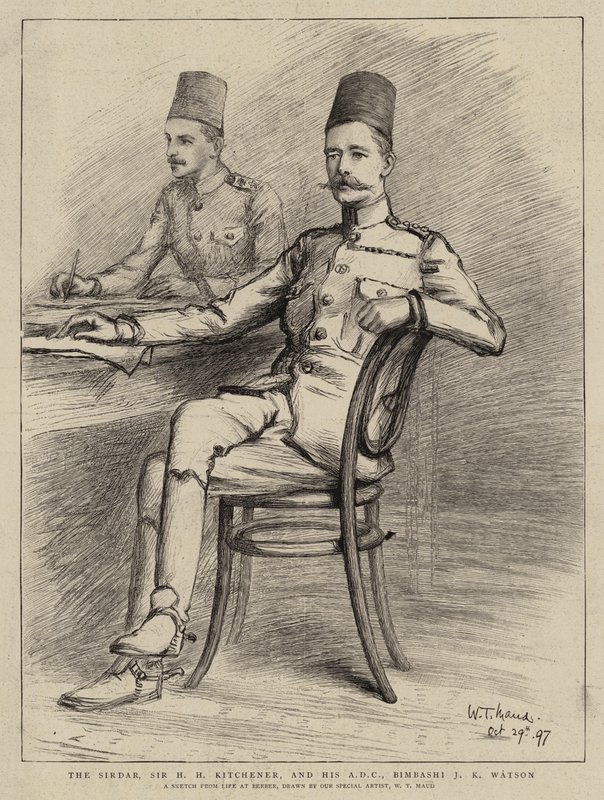 Sirdaren, Sir H H Kitchener og hans ADC, Bimbashi JK Watson (litho) af William T. Maud