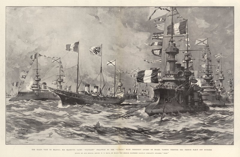Tsarens besøg i Frankrig, Hans Majestæts Yacht Standart efterfulgt af Cassini med præsident Loubet ombord, der passerer gennem den franske flåde ud for Dunkerque af William T. Maud