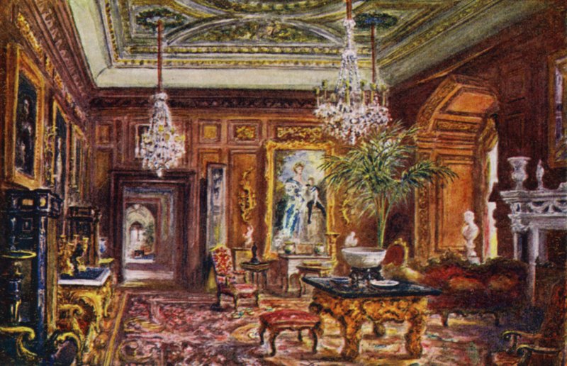 Warwick Castle: Cedar Drawing Room (farve litho) af William W. Quatremain