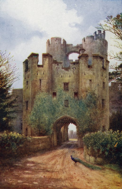 Warwick Castle: Drawbridge og Portcullis (farve litho) af William W. Quatremain