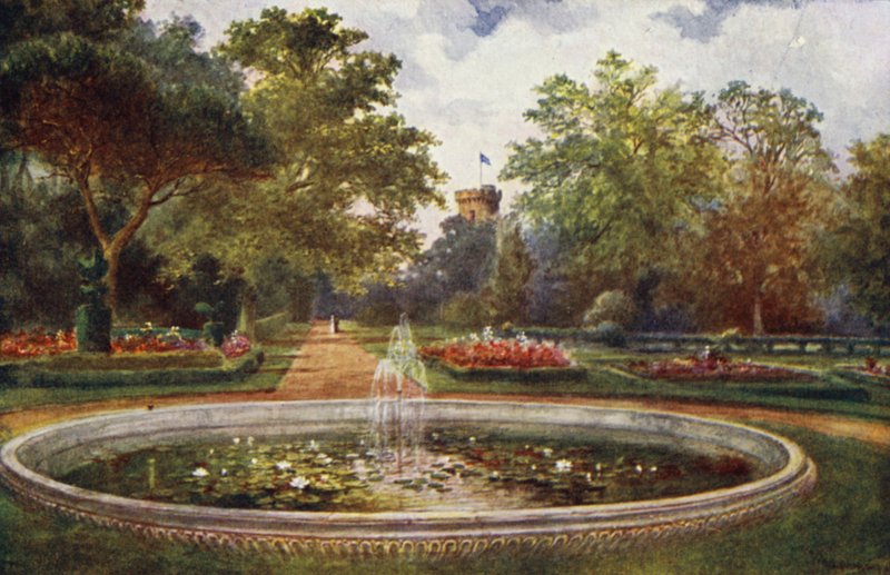 Warwick Castle: Terrace Walk (farve litho) af William W. Quatremain