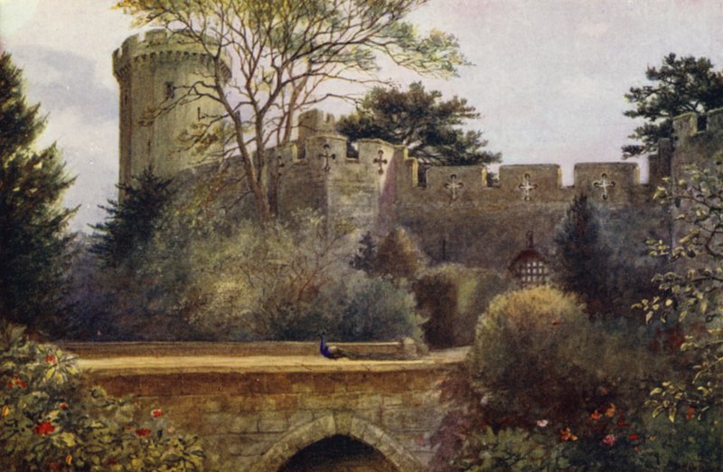 Warwick Castle: The Moat Bridge (farve litho) af William W. Quatremain
