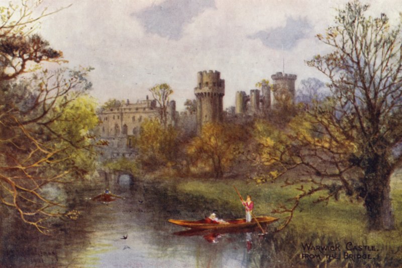 Warwick Castle, fra broen (farve litho) af William W. Quatremain