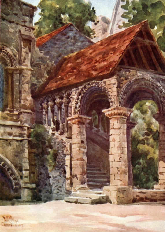 Canterbury, Norman Stairway (farve litho) af William Wiehe Collins