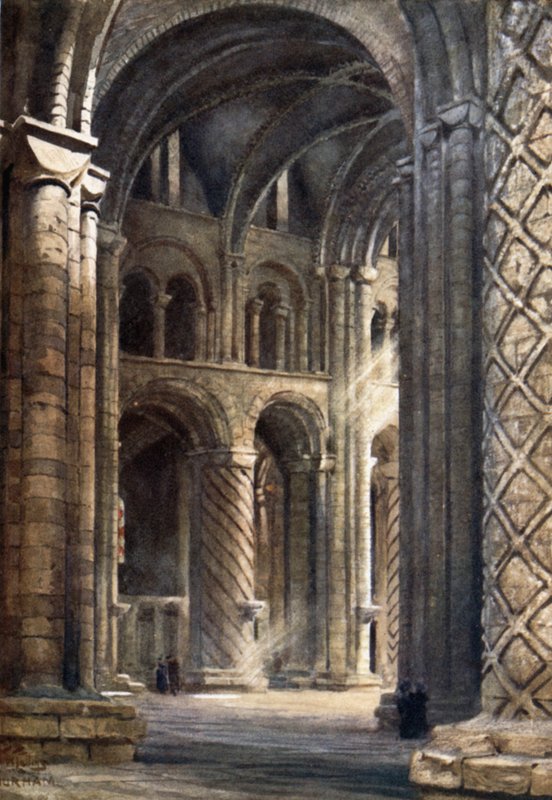 Durham, katedralens indre ser på tværs af skibet ind i det sydlige tværskib (farve litho) af William Wiehe Collins
