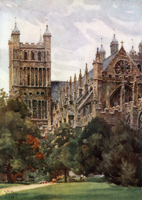 Exeter fra Palace Gardens (farve litho) af William Wiehe Collins
