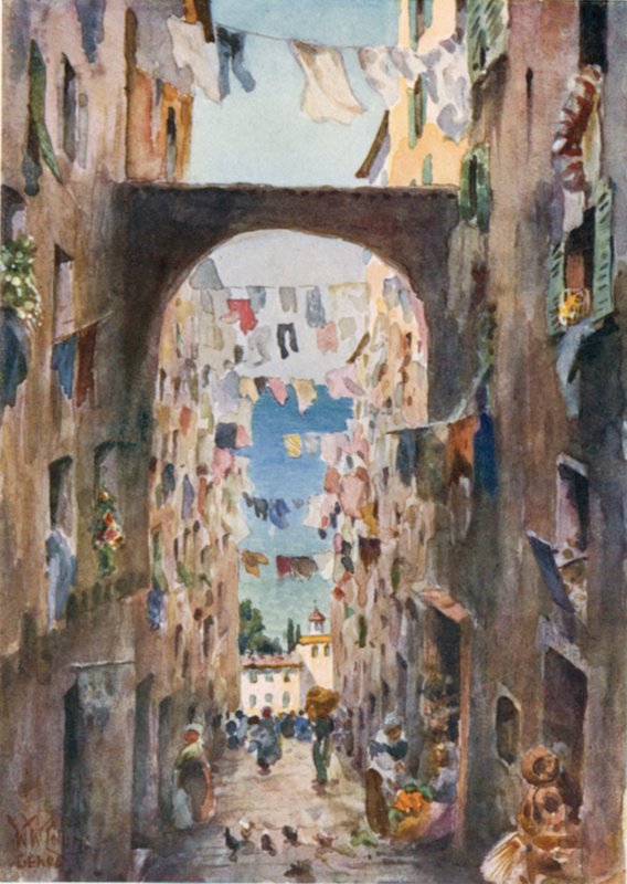 Genova. An Old Street (farve litho) af William Wiehe Collins