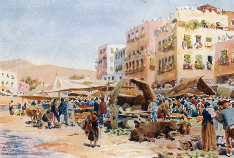 Malaga, markedet (farve litho) af William Wiehe Collins