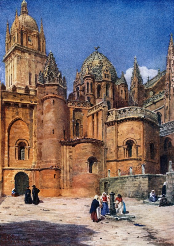 Salamanca, den gamle katedral (farve litho) af William Wiehe Collins