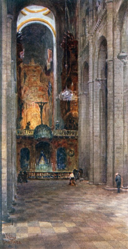 Santiago, katedralens indre (farve litho) af William Wiehe Collins