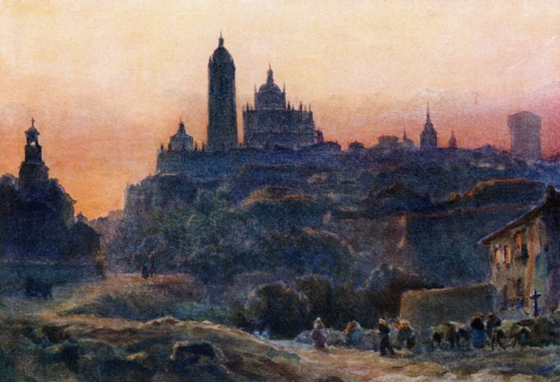 Segovia, ved solnedgang (farve litho) af William Wiehe Collins