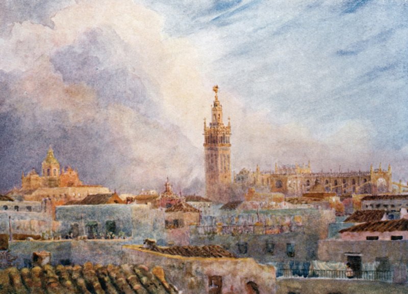 Sevilla, udsigt over byen (farve litho) af William Wiehe Collins