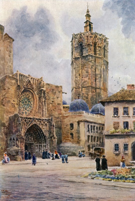 Valencia, katedralens dør (farve litho) af William Wiehe Collins
