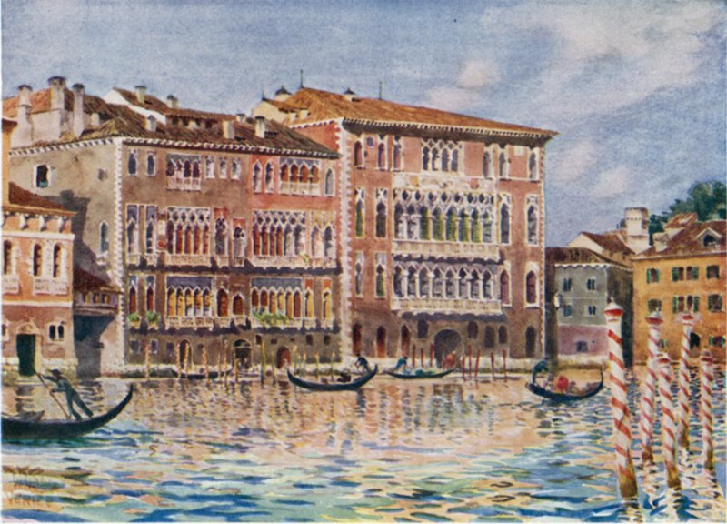 Venedig. Palazzi Foscari og Giustiniani (farve litho) af William Wiehe Collins