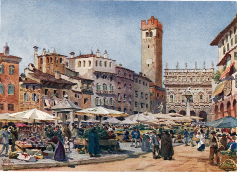 Verone. Markedspladsen (farve litho) af William Wiehe Collins