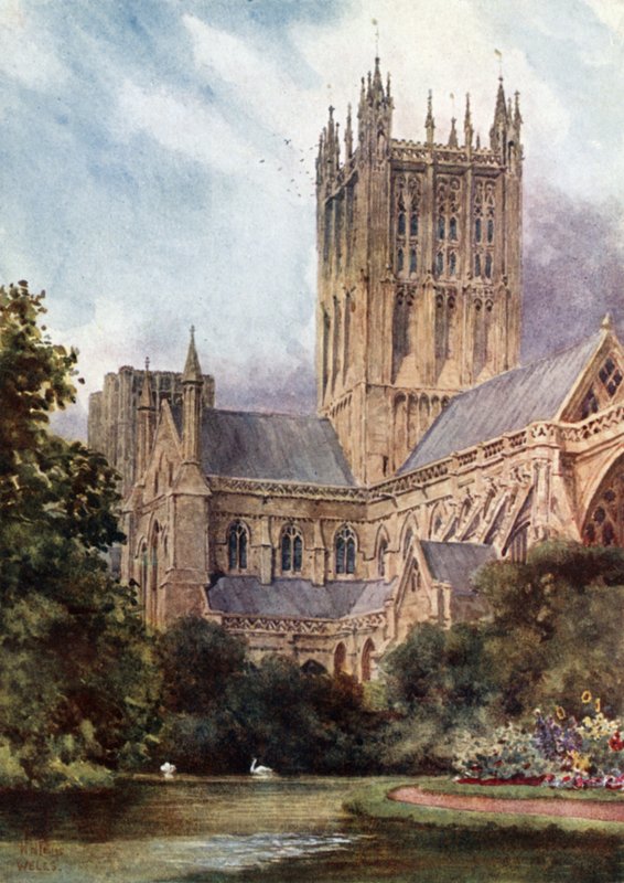 Wells, Cathedral and the Pools (farve litho) af William Wiehe Collins