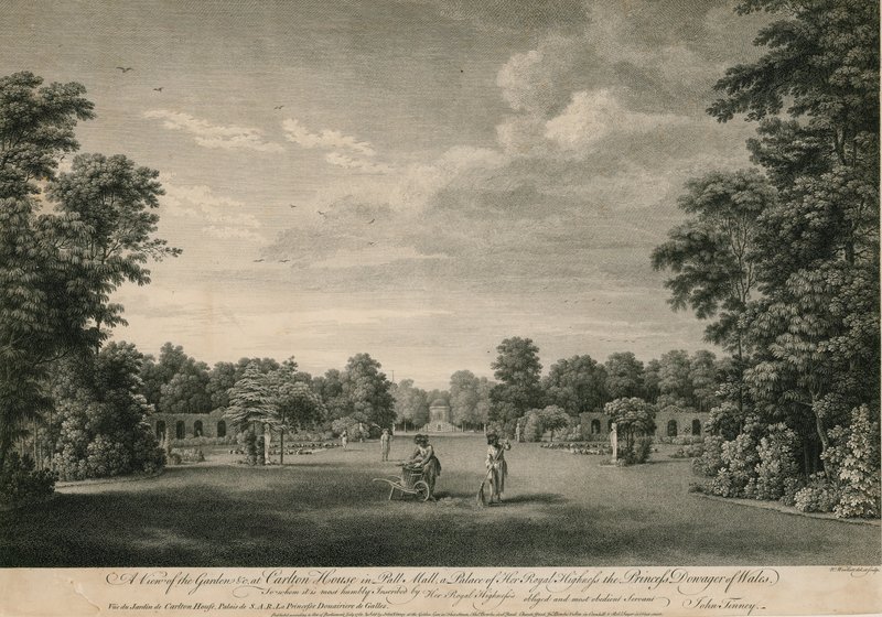 Udsigt over haven ved Carlton House i Pall Mall, et palads af Hendes Kongelige Højhed Prinsesse Enkeprins af Wales af William Woollett