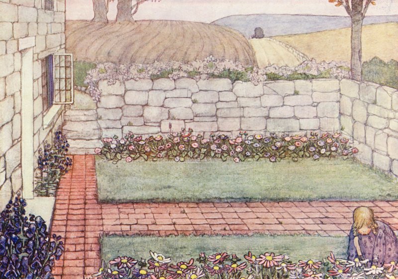 Børnenes bog om havearbejde: A Cornish Cottage (farvelitografi) af Winifred Cayley Robinson