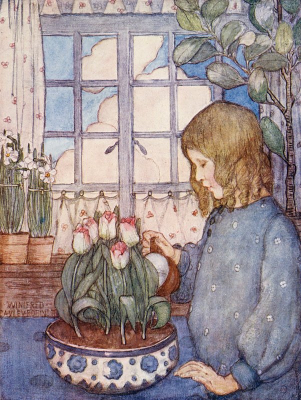 Børnenes bog om havearbejde: En stuehave om foråret (farvelitografi) af Winifred Cayley Robinson