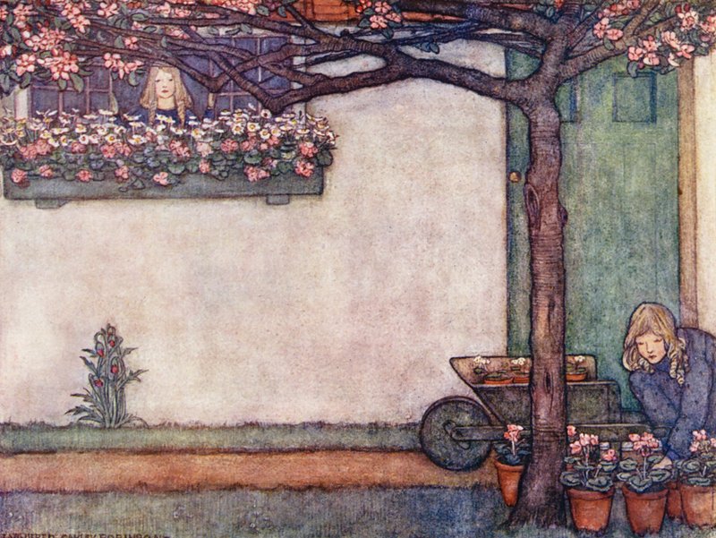 Børnenes bog om havearbejde: En vindueshave (farvelitografi) af Winifred Cayley Robinson